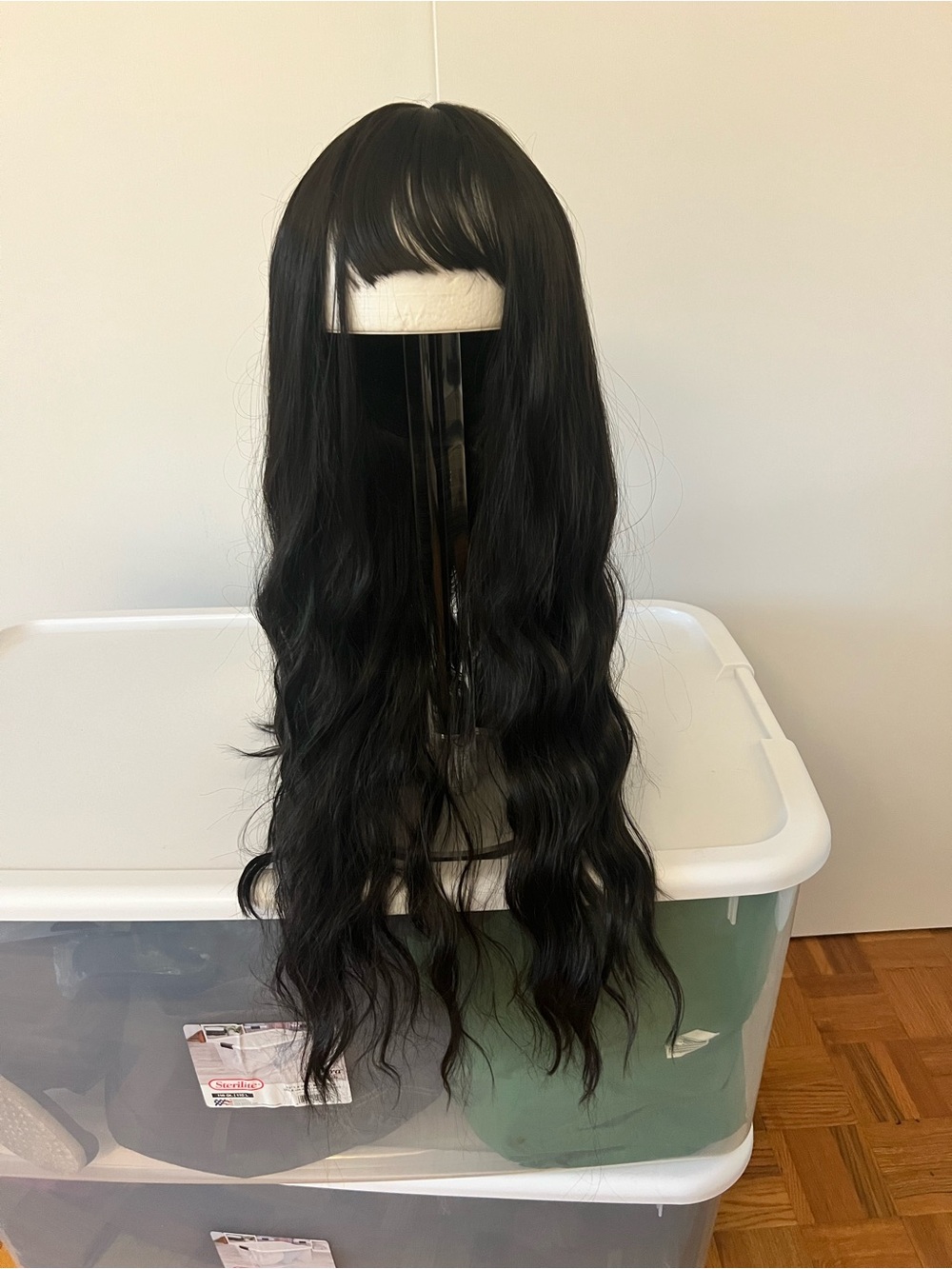 Very Long Length Black Curly Wavy Wig with Bangs NWT